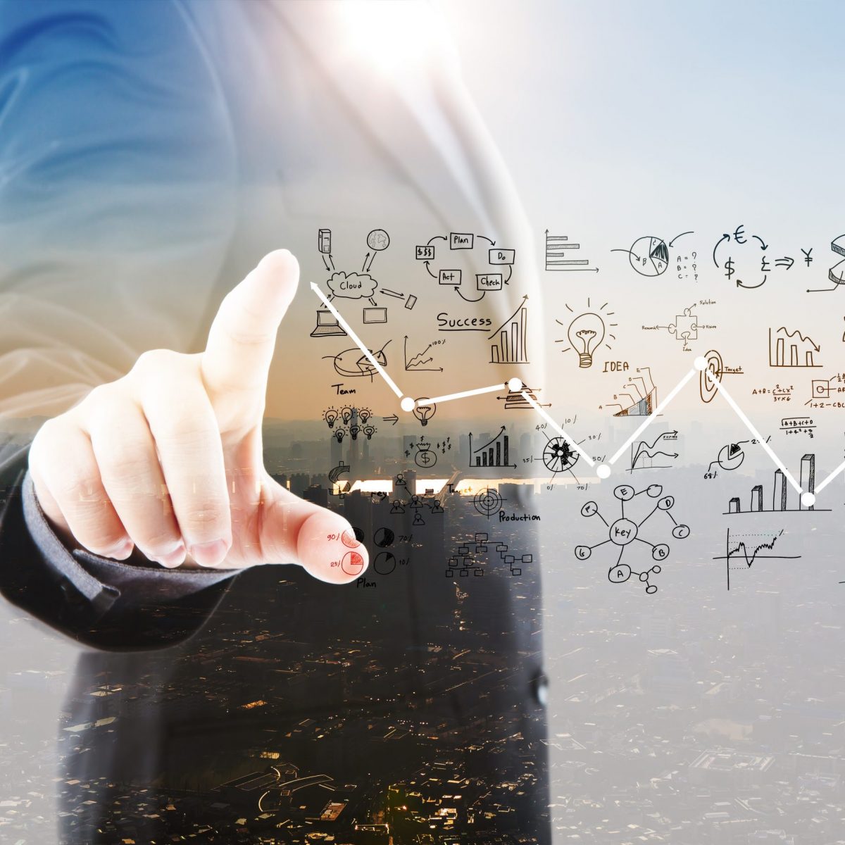 abstract double exposure of business man touching an imaginary screen against white background